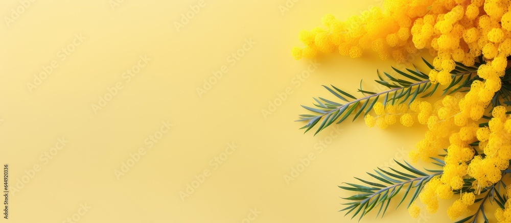 Springtime macro of a mimosa flower with a yellow hue isolated pastel background Copy space