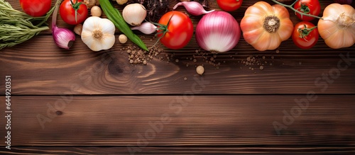Fresh ingredients on a wooden desk isolated pastel background Copy space