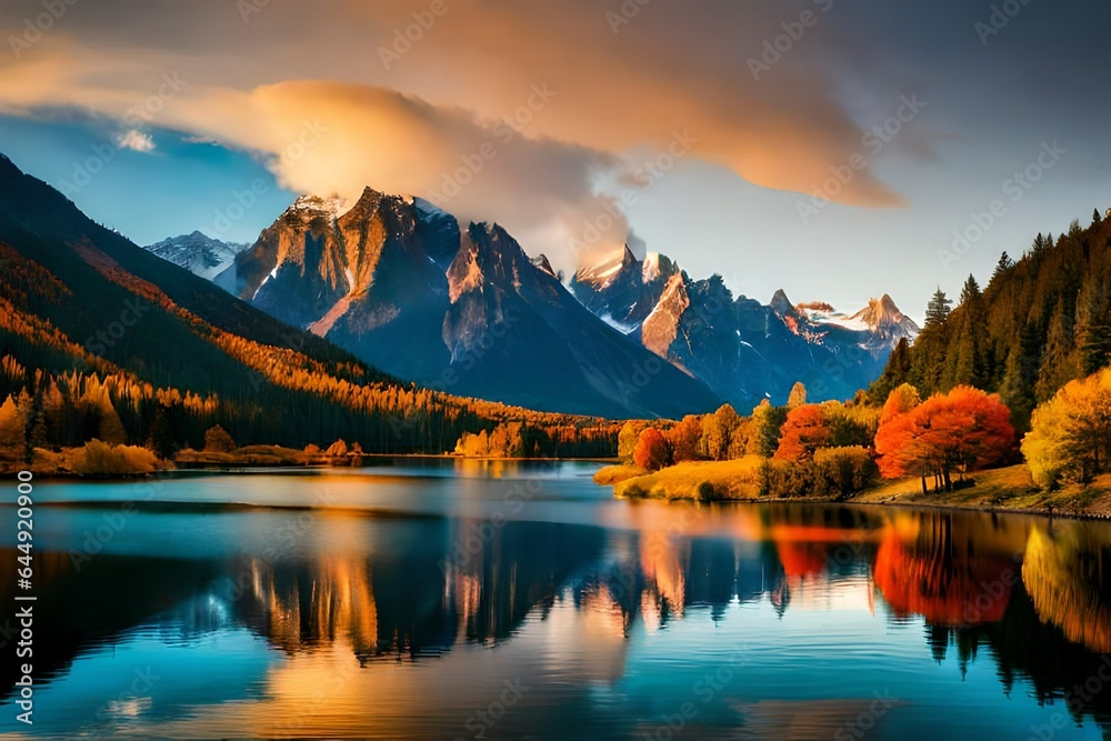 Beautiful mountain scenery at sunset. Beautiful natural scenery at sunset. Overlooking Federa Lake are lovely colored trees that are illuminated by the sun. Stunning, lovely view. Nature has color