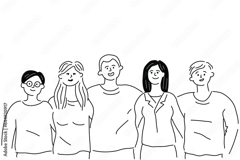 Hugging people, united team, meeting friends, colleagues, volunteers. Doodle hand drawn monochrome illustration. Hugging people, united team, meeting friends, colleagues, volunteers. Doodle hand drawn monochrome illustration.