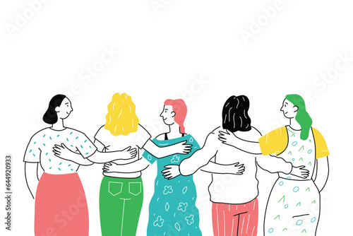 A hugging company of diverse women, a symbol of sisterhood, friendship, support, feminism. Illustration in doodle hand-drawn style.