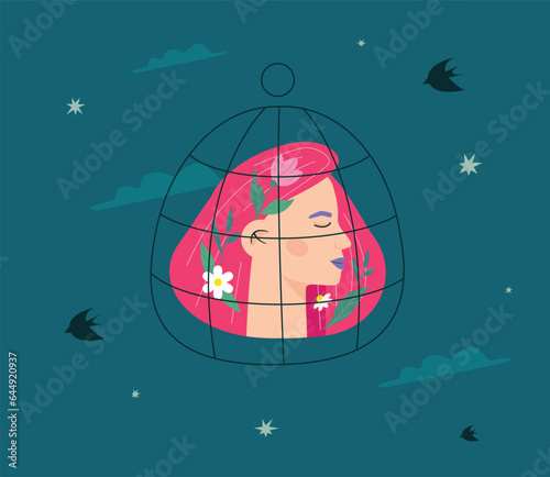 A female head with closed eyes, located in a cage. A symbol of depression, ptsr, freezing reactions, dissociation, dearilization, sleep, dreams, cognitive distortions, mental disorders.
