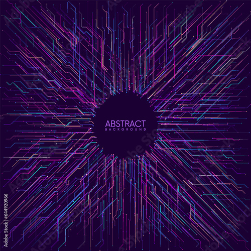Abstract circuit board circle banner background with random colorful streaming neon lines. Artificial Intelligence or big data futuristic concept. Vector illustration