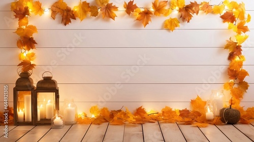 Autumn Display Decoration Background with Autumn Leaves on Wood Wall