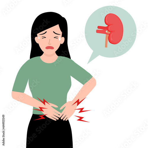 The woman have kidney pain on her back. It’s felt in your sides, back, belly or groin. It's often mistaken for back pain. Kidney pain can be caused by kidney stones, kidney infection etc.