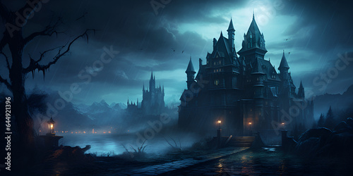 Spooky old gothic castle foggy night haunted mansion