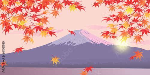 Autumn branches on the background of Mount Fuji. Mid-autumn is the time of leaf fall. The red leaves of the Japanese maple fall off, fluttering in the wind. Vector illustration.