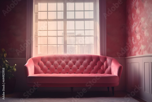 Fashionable comfortable stylish sofa made of pink fabric with a pink background with a shadow. Pink interior, showroom, the only piece of furniture