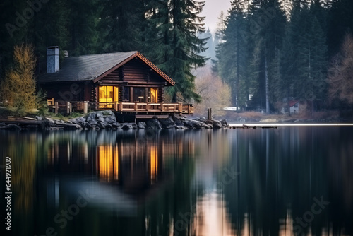 A beautiful log cabin on a lake, with reflections in the water