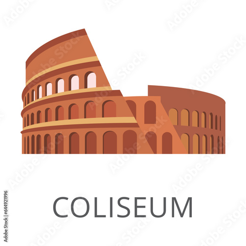 Ruined Coliseum isolated on white. Colored flat vector icon of cultural capital of Italy. Travelling and tourism concept