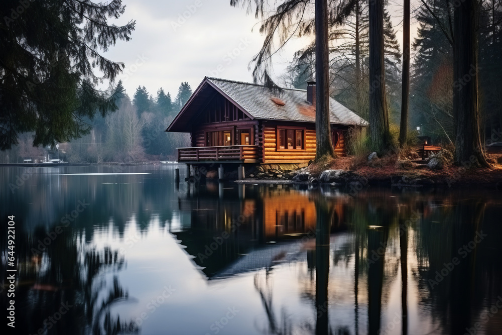 Obraz premium A beautiful log cabin on a lake, with reflections in the water