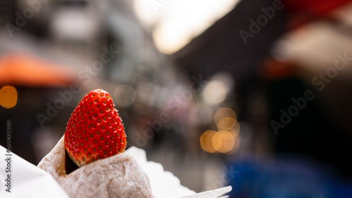 close up of japanese mochi dessert with strawberry