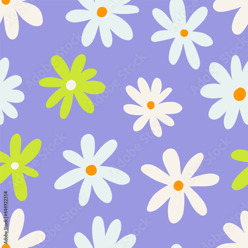 1970 Daisy Naive groovy seamless pattern. Fun colorful Doodle Bright background. White flowers on lavender. Contemporary trendy backgrounds for kids. Scandinavian nursery print