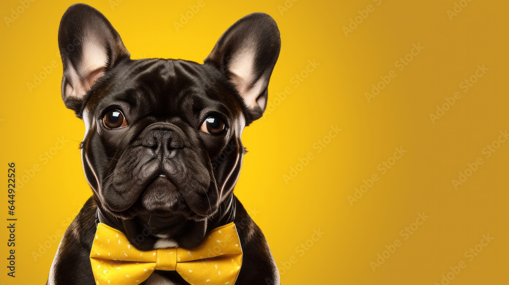 Portrait of dog wearing a bowtie. Pet posing against a yellow background