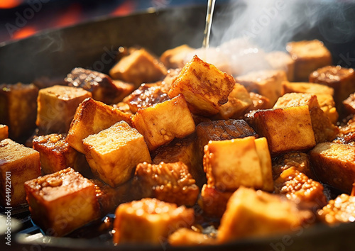 Stinky smelly tofu with steam on street food market.Macro.Ai Generative