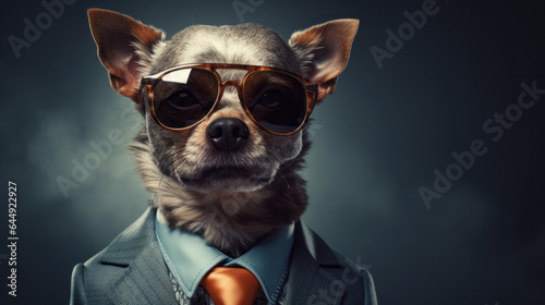 Cool dog wearing a suit, tie and sunglasses. Pet dressed as bodyguard or secret agent