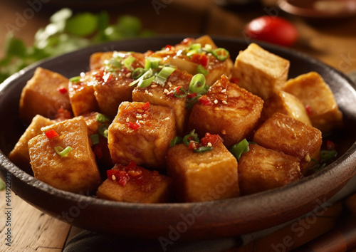 Stinky smelly tofu asian food in ceramic plate on table.Macro.Ai Generative