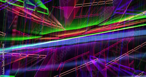 Multi-colored rays of light flicker and move in three-dimensional space and are refracted in many planes. Animated background and club video. Endless cycle. A loop