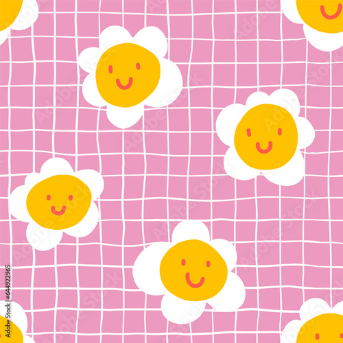 Fun Daisy Naive groovy seamless pattern with doodle grid. Contemporary colorful trendy backgrounds for kids in pink. Scandinavian nursery print
