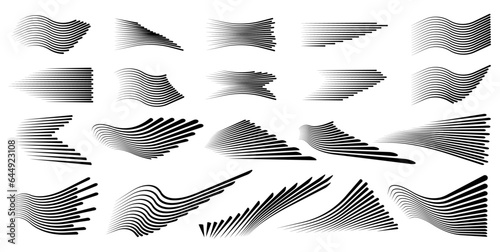A large set of lines in the form of speed for comics or anime. Stripes in the form of a turn, zigzag, reversal, drill, arc and speral in black on a transparent background