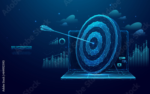 Abstract digital target with an arrow on a laptop screen. SEO optimization, SMM, and Goal Achievement concepts. Strategy and planning website banner on technology blue background. Futuristic low poly 