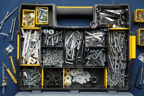 Organizer with many different fasteners and wrenches on blue wooden table, flat lay photo