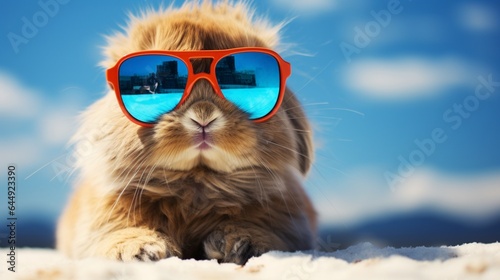 Turquoise Beauty: Cute Fluffy Rabbit with Long Ears and Blue Sunglasses © Pic Paradise