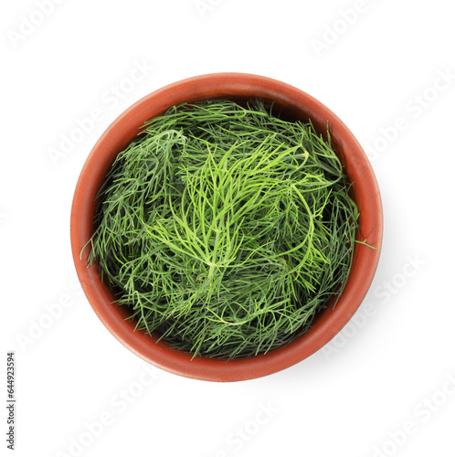 Bowl of fresh dill isolated on white, top view