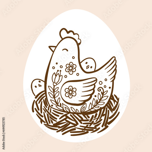 Hand drawn doodle hen in a nest with little chicks. Vector illustration of funny domestic birds