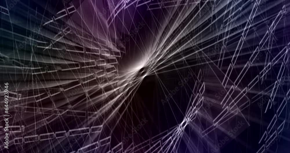 White rays of light on a dark background are intertwined, forming bizarre patterns. Animated background and club video. Endless cycle. A loop