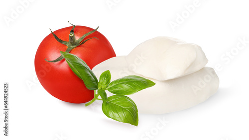 Ingredients for Caprese salad. Fresh tomato, basil and mozzarella cheese isolated on white