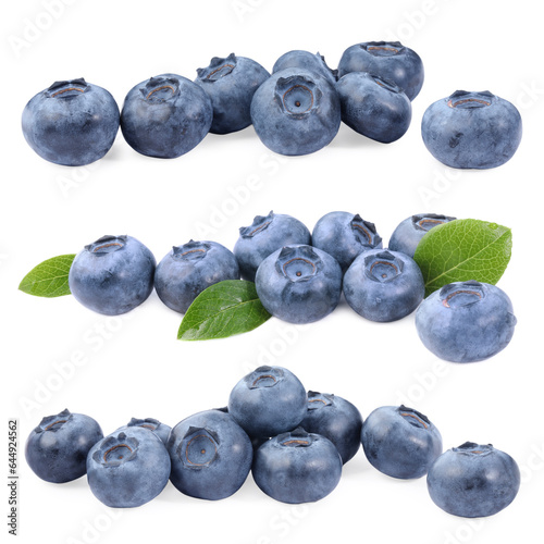 Set with fresh blueberries and green leaves isolated on white