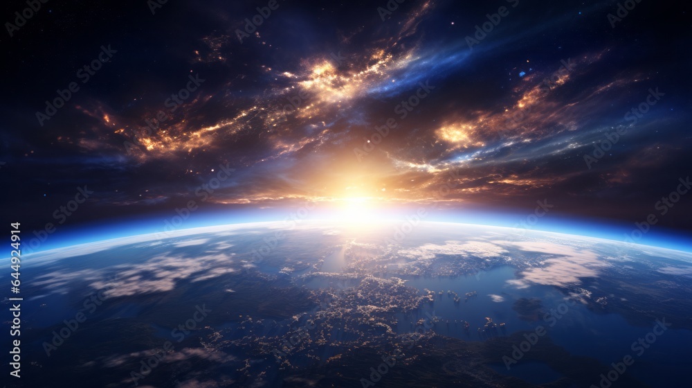 photorealistic planet earth with sunrise in space, 16:9, copy space