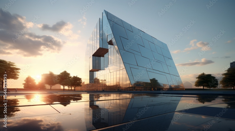 3d render of morning view to perspective glass building, copy space, 16:9
