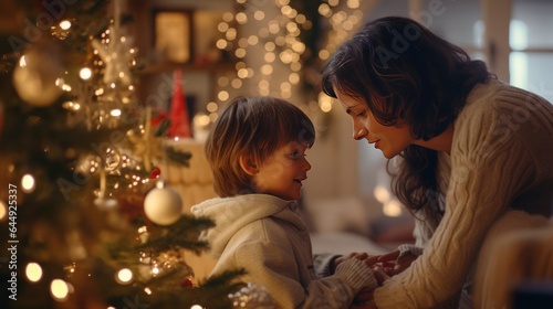 parent and child decorating christmas tree © Roman