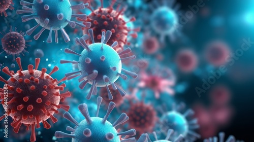 covid-19 illustration, microscopic view of floating influenza virus cell, 16:9, copy space photo