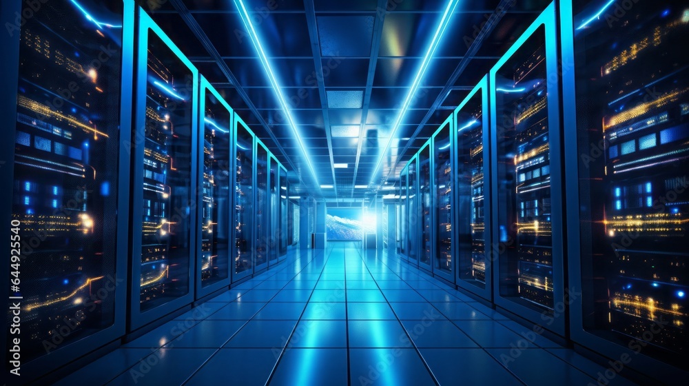 Server racks in server room data center, concept: data security, 16:9, copy space