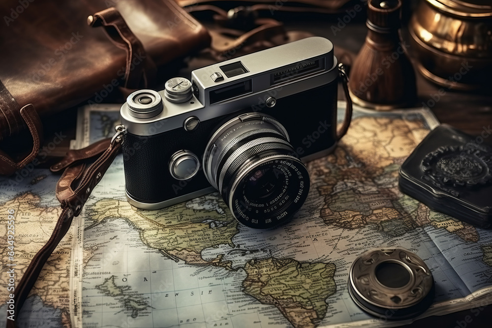 Vintage Black Film Camera, Map And Binoculars On Wooden Table, Front View. Adventure Travel Scout Journey Concept