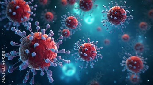 covid-19 illustration, microscopic view of floating influenza virus cell, 16:9, copy space © Christian
