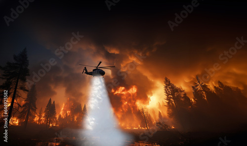 Fire fighting helicopter carry water bucket to extinguish the forest fire. Helicopter drops water on a forest fire. Aerial firefighting. Rescue helicopter