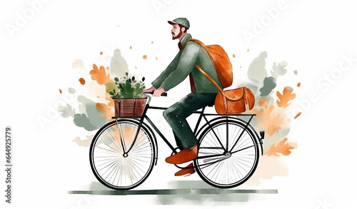 Man Enjoying a Bike Ride with Flower-Filled Basket and Backpack: A Romanticist Watercolor Painting photo