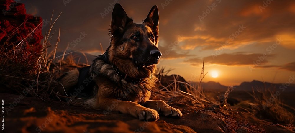 German shepherd dog at sunset. - obrazy, fototapety, plakaty 