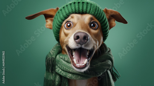 Dog wearing beanie cap and scarf. Portrait of happy dog dressed for autumn or winter