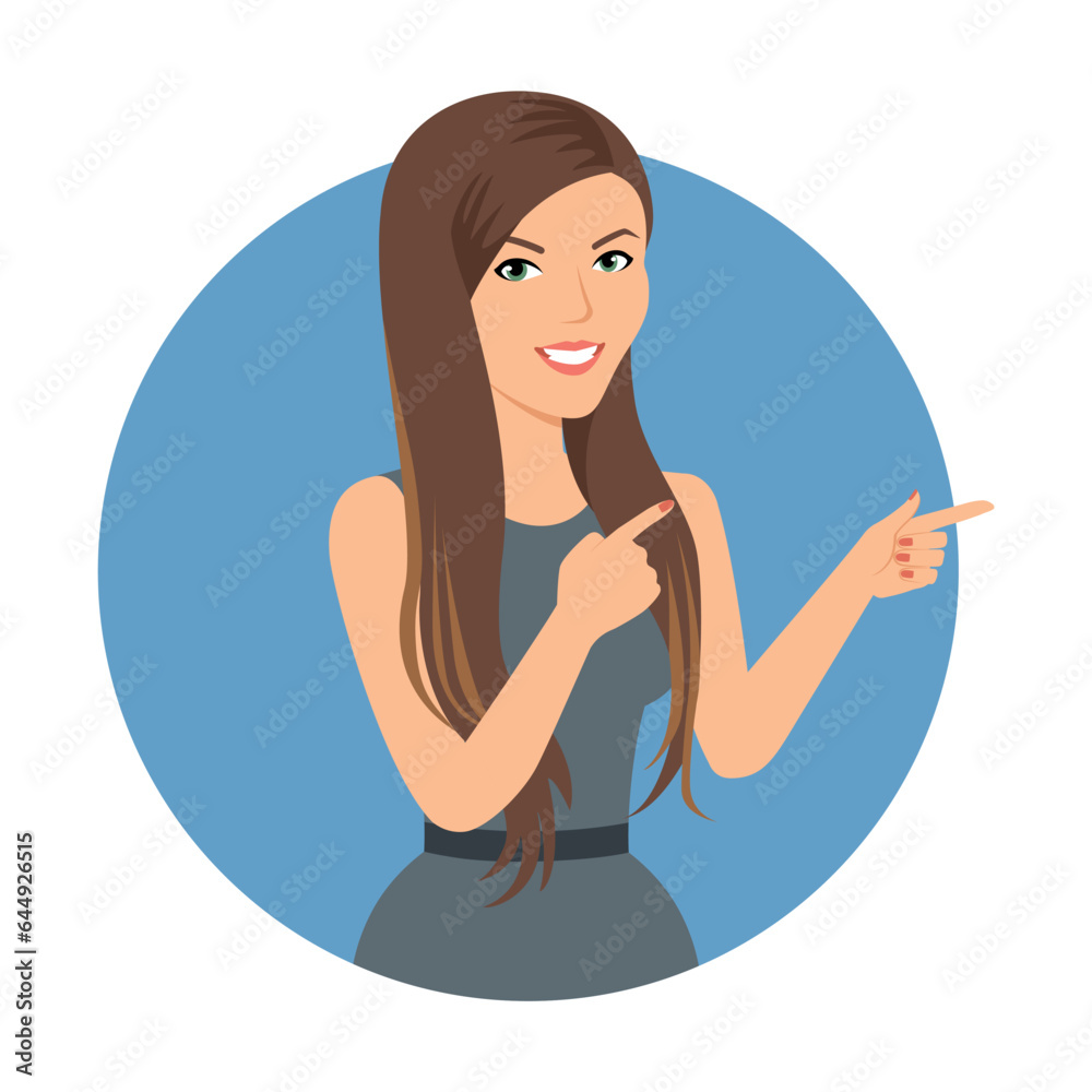 Young girl with long hair vector. Woman in dress pointing fingers. Multicolored flat vector icon representing women activities and professions concept isolated on white background