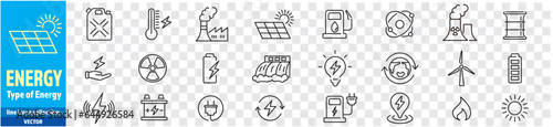 Energy Types of Energy icons collection editable stroke  Hydroelectric Solar Electricity Water fire Power Supply, coal mine Vector illustration.