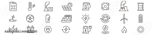 Energy Types of Energy icons collection editable stroke  Hydroelectric Solar Electricity Water fire Power Supply, coal mine Vector illustration.