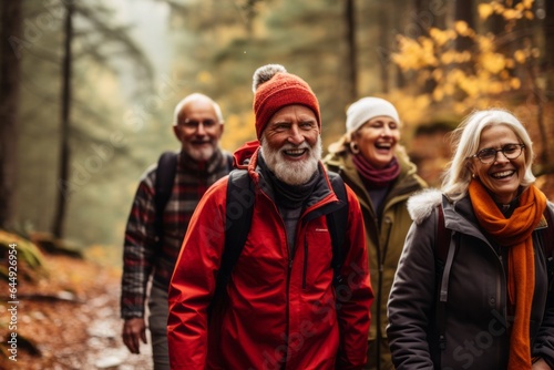 Group of senior people hiking through the forest, friends, activity