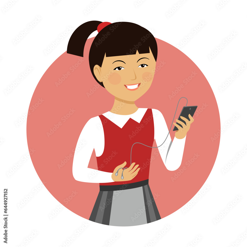 Girl with pigtail in school uniform vector. Girl listening to music on smartphone through wired headphones. Multicolored flat vector circle icon representing girls activities concept isolated on white Girl with pigtail in school uniform vector. Girl listening to music on smartphone through wired headphones. Multicolored flat vector circle icon representing girls activities concept isolated on white
