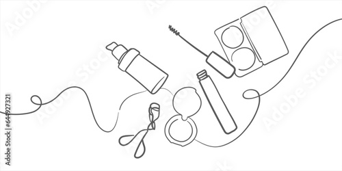 Mascara cosmetics set outline. Eyeliner makeup continuous one line drawing. Decorative eyebrow cosmetics on white background. Wrapping paper cosmetics background