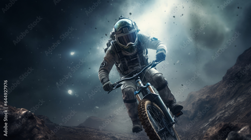 Illustration of a man riding a dirt bike on a mountain peak Illustration of a man riding a dirt bike on a mountain peak